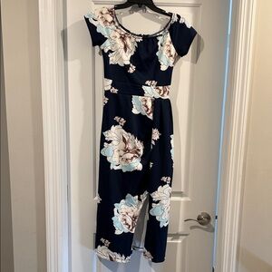 Source Unknown Navy and Cream Floral Jumpsuit